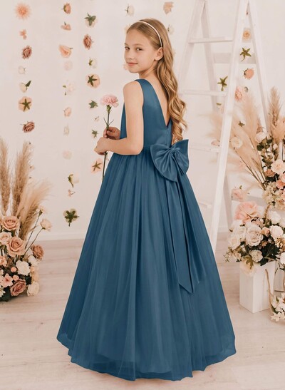 A-Line V-Neck Floor-Length Satin/Tulle Junior Bridesmaid Dresses With Bow(s)