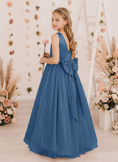 A-Line V-Neck Floor-Length Satin/Tulle Junior Bridesmaid Dresses With Bow(s)