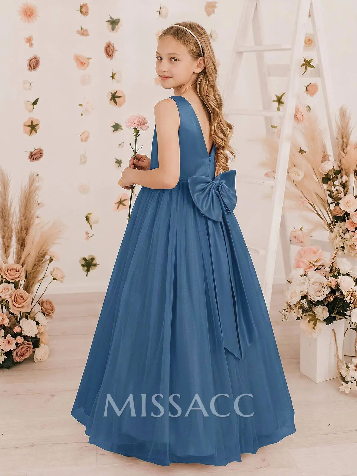 A-Line V-Neck Floor-Length Satin/Tulle Junior Bridesmaid Dresses With Bow(s)