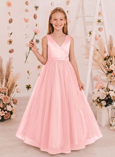 A-Line V-Neck Floor-Length Satin/Tulle Junior Bridesmaid Dresses With Bow(s)