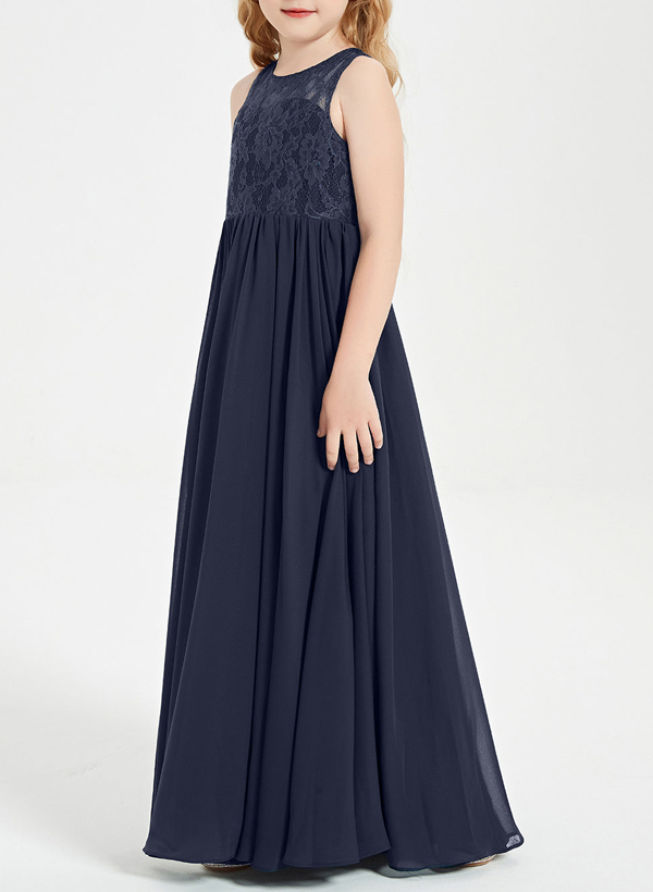 A-Line Scoop Neck Sleeveless Floor-Length Lace/Chiffon Junior Bridesmaid Dresses