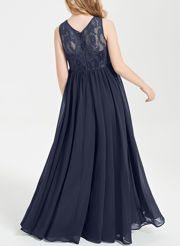 A-Line Scoop Neck Sleeveless Floor-Length Lace/Chiffon Junior Bridesmaid Dresses