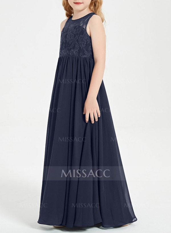 A-Line Scoop Neck Sleeveless Floor-Length Lace/Chiffon Junior Bridesmaid Dresses