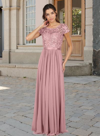 A-Line Scoop Neck Short Sleeves Chiffon Mother Of The Bride Dresses With Lace