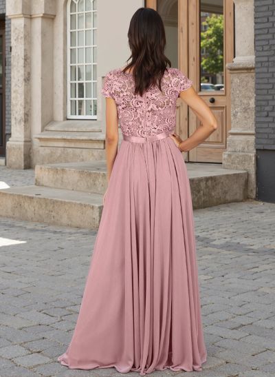 A-Line Scoop Neck Short Sleeves Chiffon Mother Of The Bride Dresses With Lace