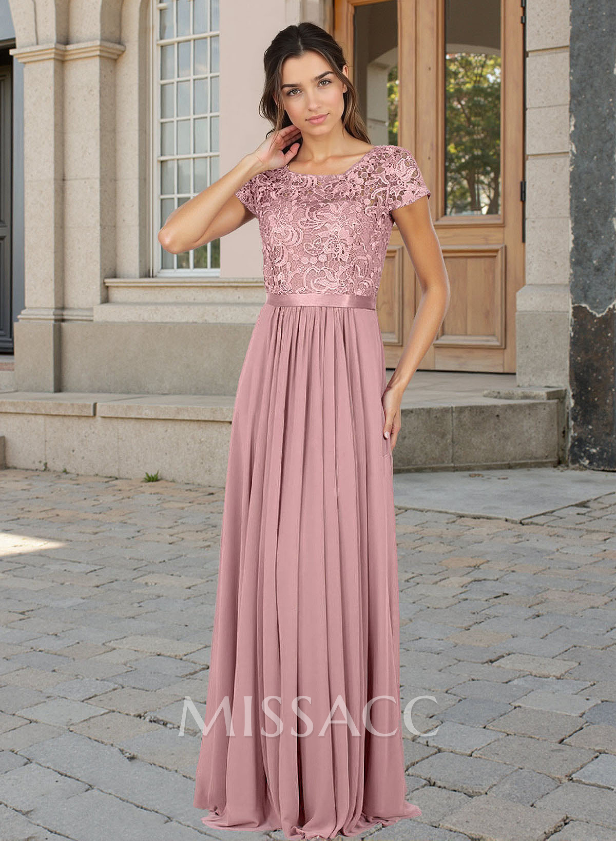 A-Line Scoop Neck Short Sleeves Chiffon Mother Of The Bride Dresses With Lace