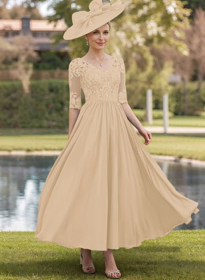 A-Line V-Neck 1/2 Sleeves Chiffon Mother Of The Bride Dresses With Appliques Lace