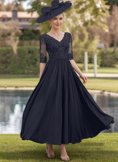 A-Line V-Neck 1/2 Sleeves Chiffon Mother Of The Bride Dresses With Appliques Lace