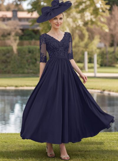 A-Line V-Neck 1/2 Sleeves Chiffon Mother Of The Bride Dresses With Appliques Lace