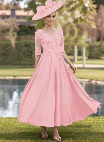 A-Line V-Neck 1/2 Sleeves Chiffon Mother Of The Bride Dresses With Appliques Lace