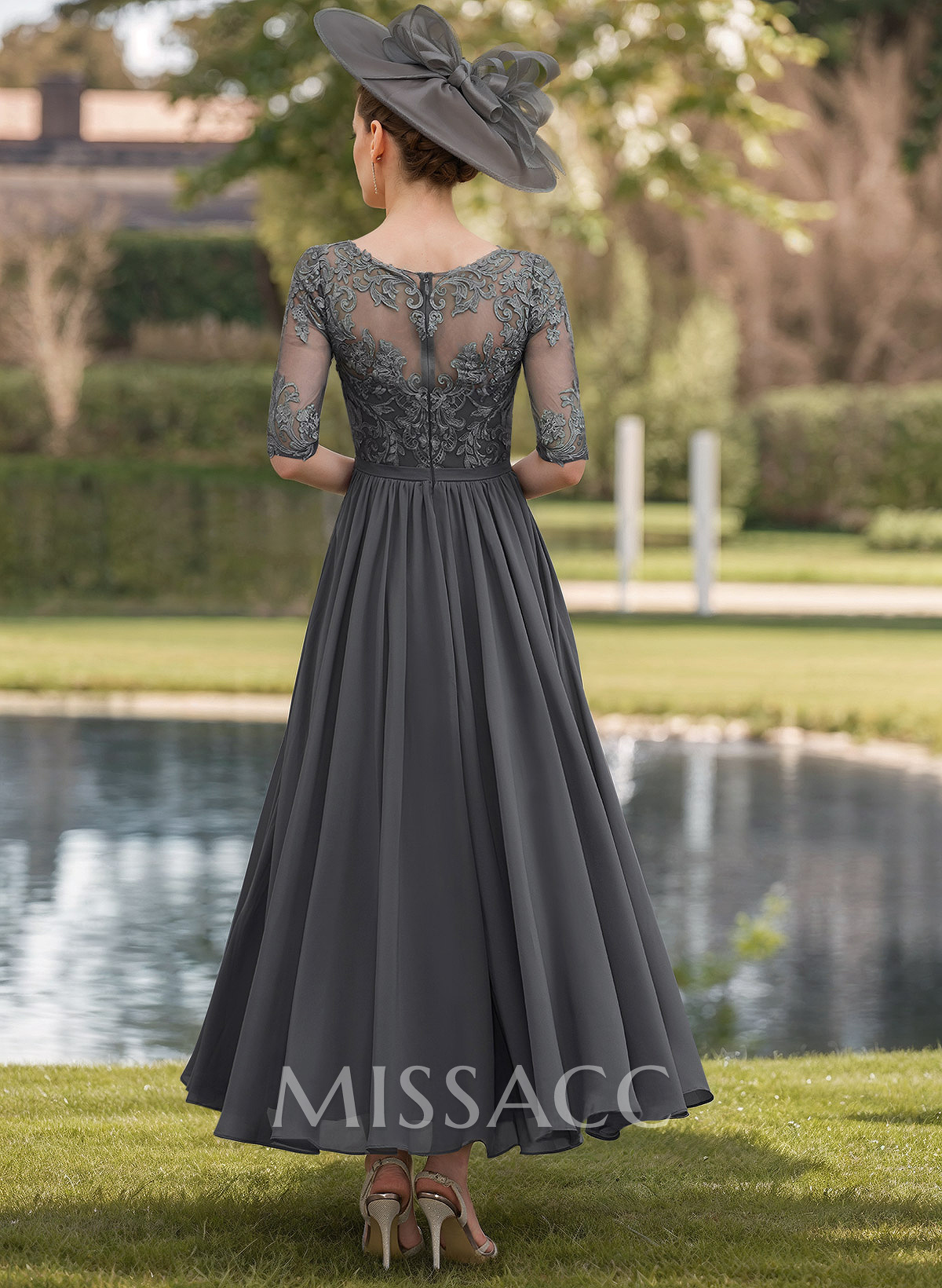 A-Line V-Neck 1/2 Sleeves Chiffon Mother Of The Bride Dresses With Appliques Lace