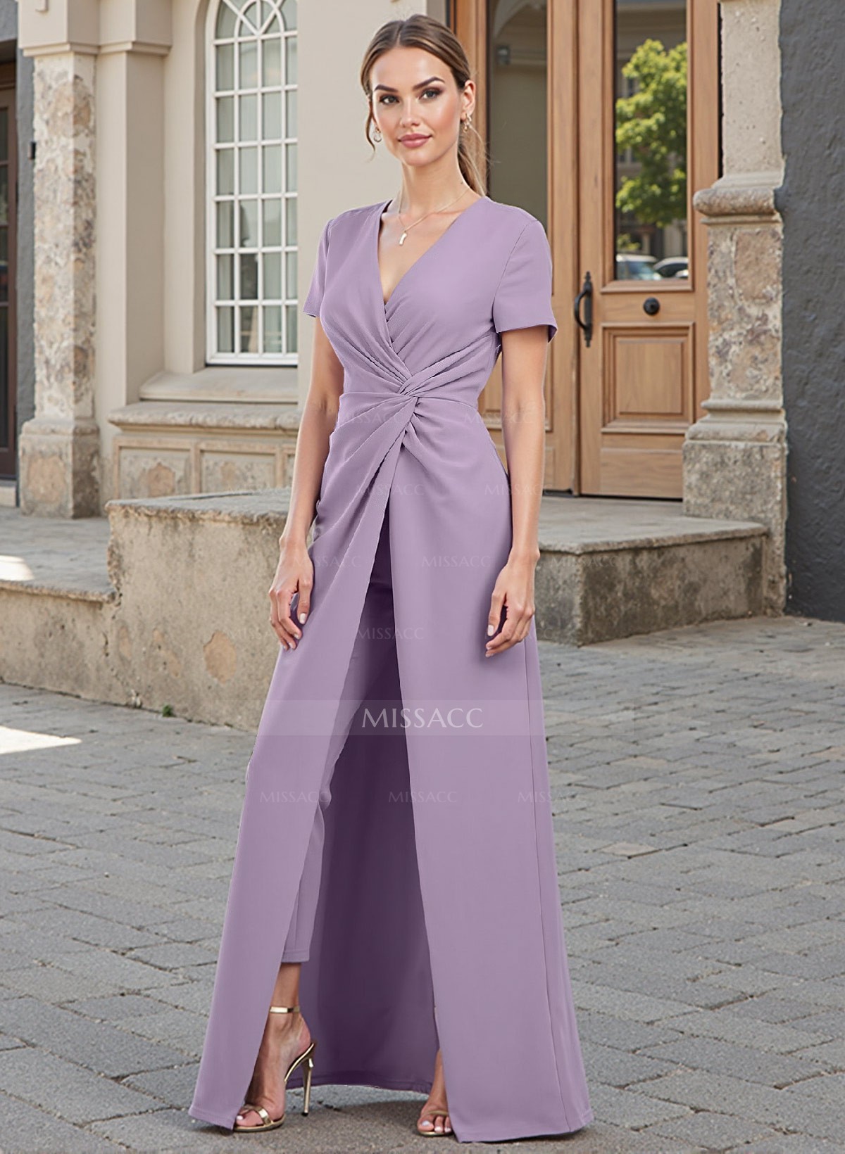 Jumpsuit/Pantsuit V-Neck Short Sleeves Elastic Satin Mother Of The Bride Dresses