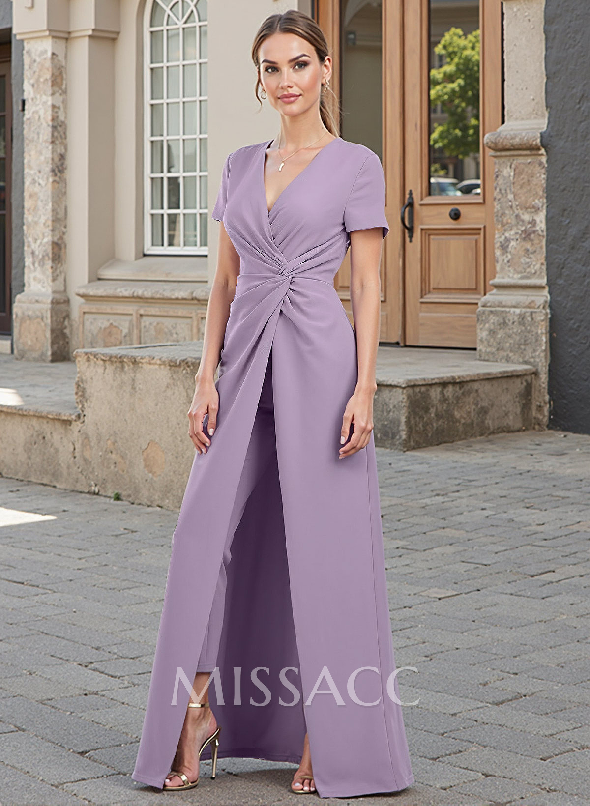 Jumpsuit/Pantsuit V-Neck Short Sleeves Elastic Satin Mother Of The Bride Dresses