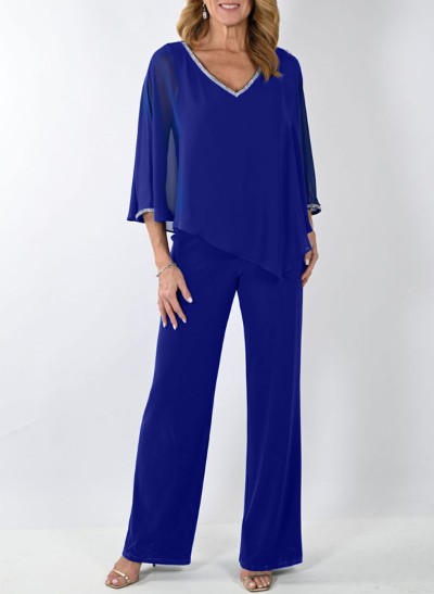 Jumpsuit/Pantsuit V-Neck 3/4 Sleeves Chiffon Mother Of The Bride Dresses