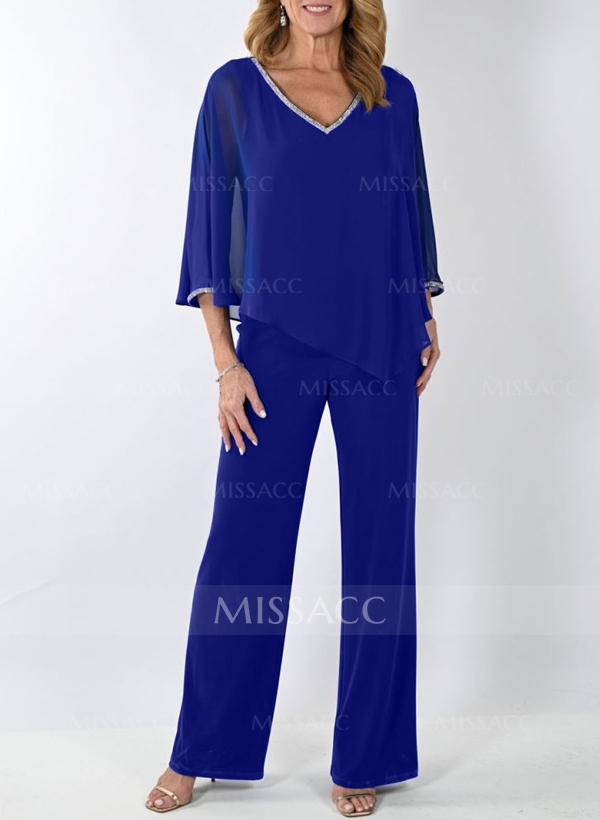 Jumpsuit/Pantsuit V-Neck 3/4 Sleeves Chiffon Mother Of The Bride Dresses