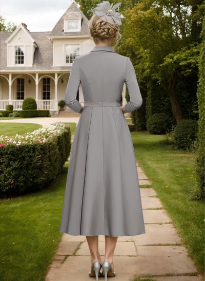 A-Line V-Neck Tea-Length Matte Satin Mother Of The Bride Dresses