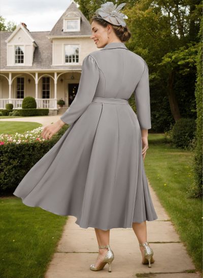 A-Line V-Neck Tea-Length Matte Satin Mother Of The Bride Dresses