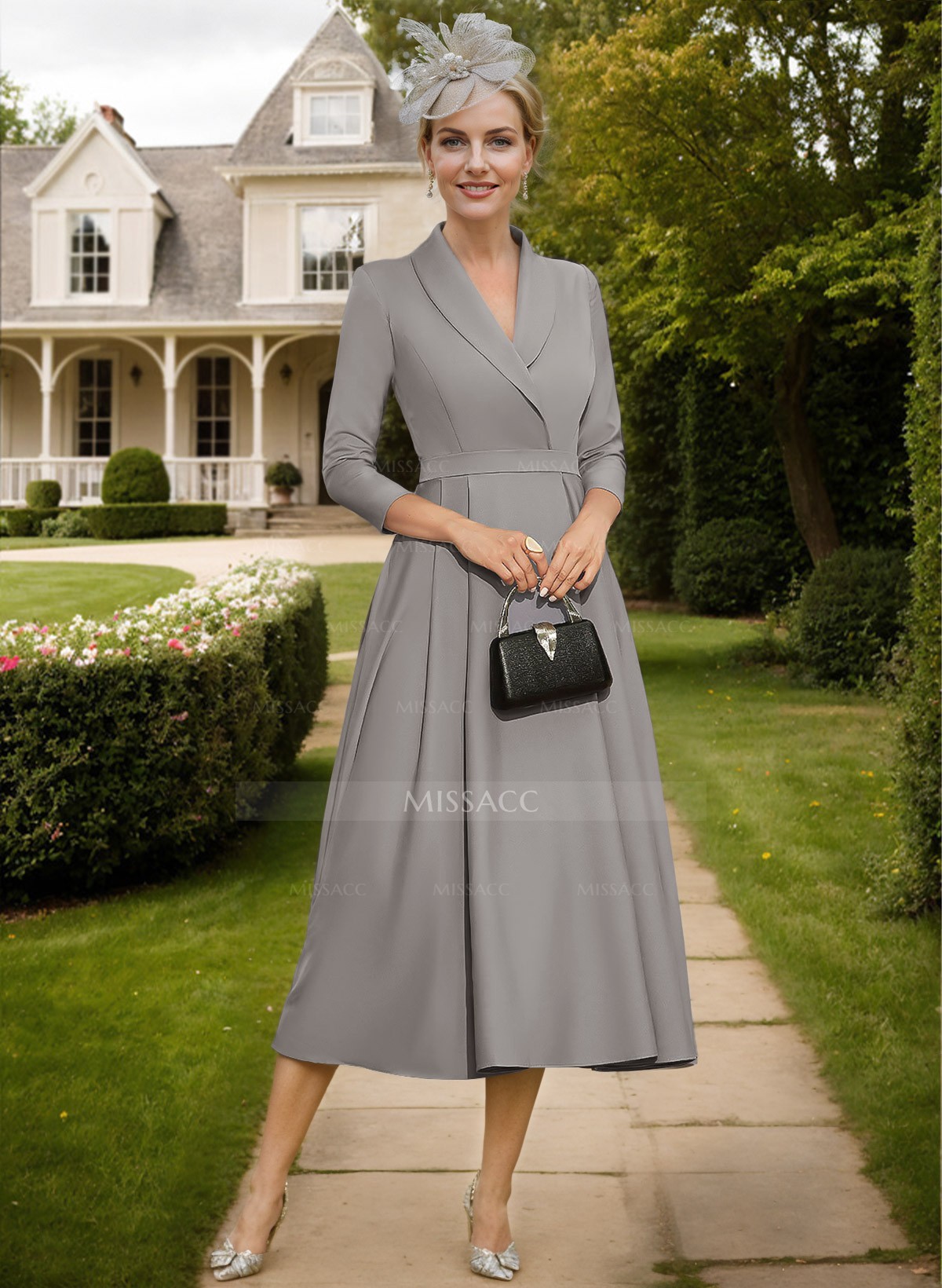 A-Line V-Neck Tea-Length Matte Satin Mother Of The Bride Dresses