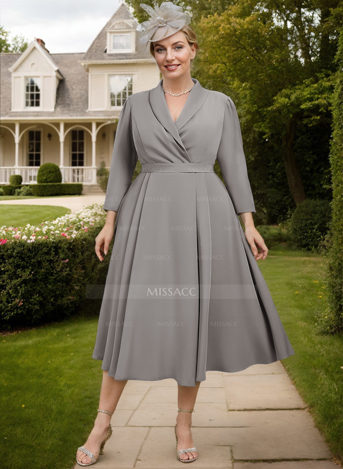 A-Line V-Neck Tea-Length Matte Satin Mother Of The Bride Dresses