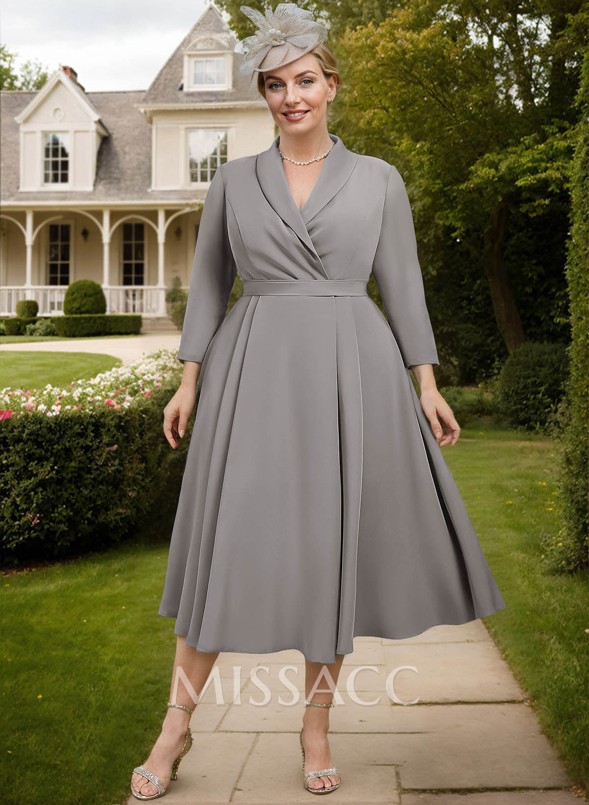 A-Line V-Neck Tea-Length Matte Satin Mother Of The Bride Dresses