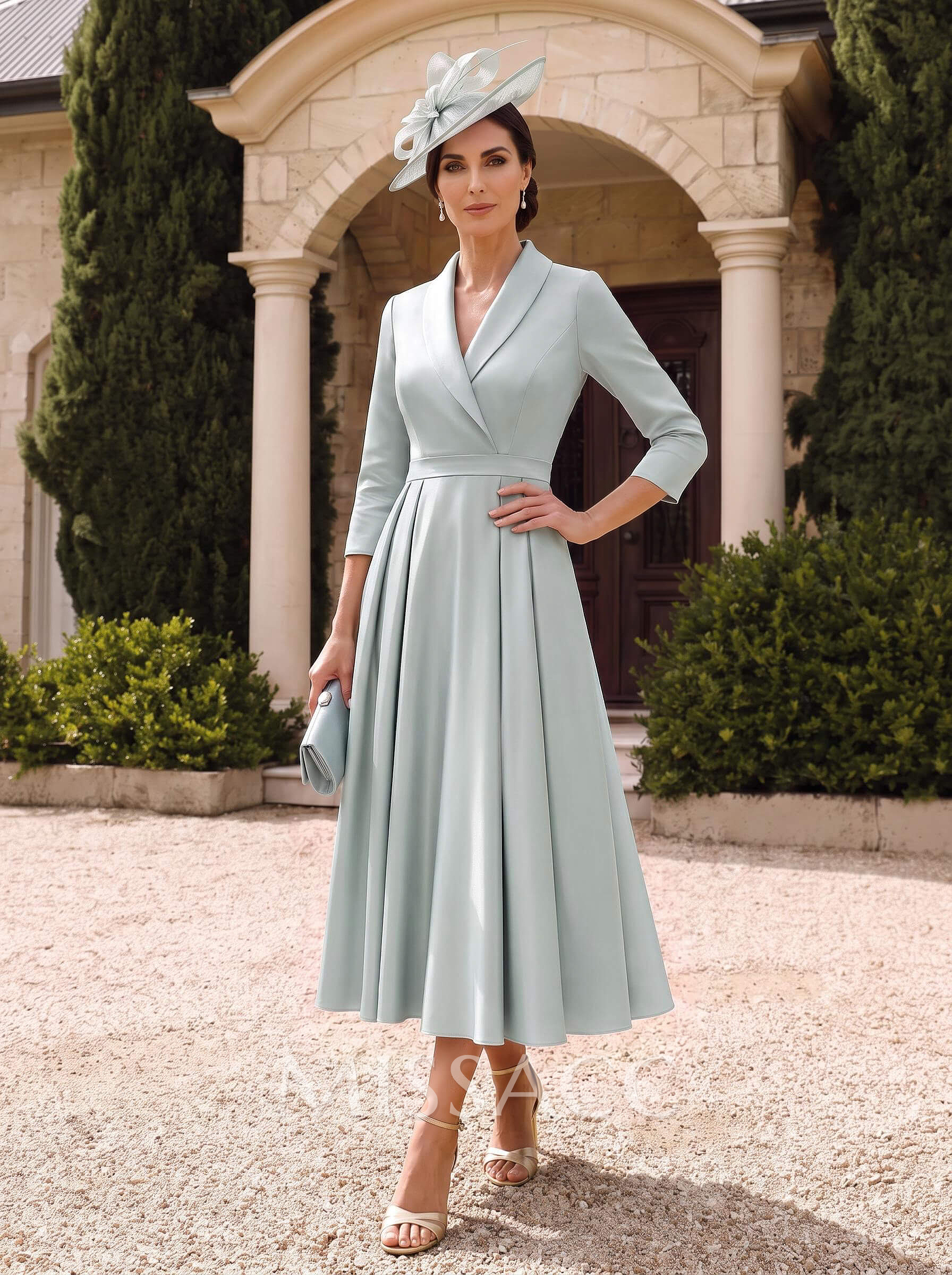 A-Line V-Neck Tea-Length Matte Satin Mother Of The Bride Dresses