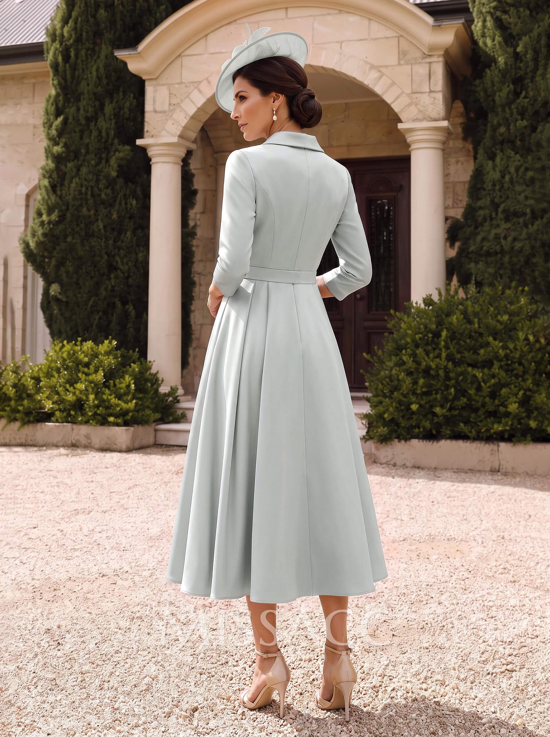 A-Line V-Neck Tea-Length Matte Satin Mother Of The Bride Dresses