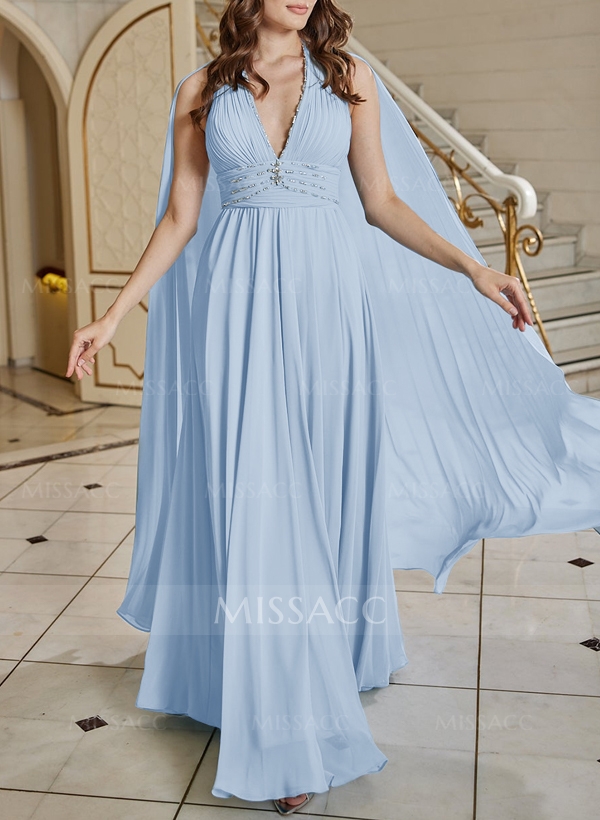 A-Line Halter Sleeveless Floor-Length Chiffon Evening Dresses