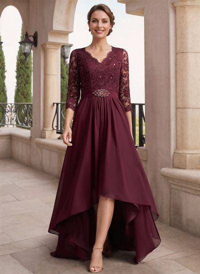 A-Line V-Neck 3/4 Sleeves Asymmetrical Chiffon Mother Of The Bride Dresses With Lace