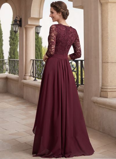 A-Line V-Neck 3/4 Sleeves Asymmetrical Chiffon Mother Of The Bride Dresses With Lace