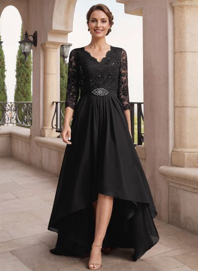 A-Line V-Neck 3/4 Sleeves Asymmetrical Chiffon Mother Of The Bride Dresses With Lace