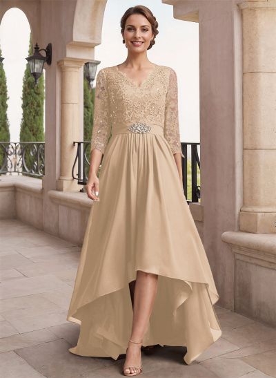 A-Line V-Neck 3/4 Sleeves Asymmetrical Chiffon Mother Of The Bride Dresses With Lace