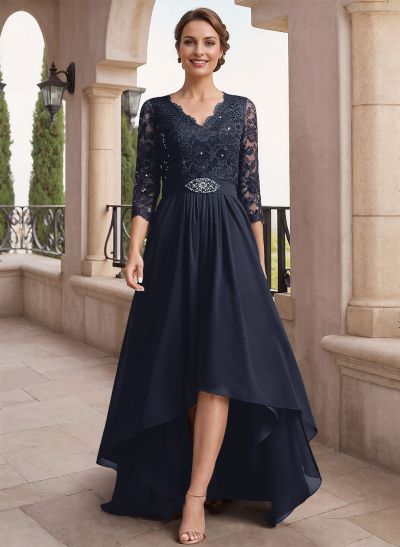 A-Line V-Neck 3/4 Sleeves Asymmetrical Chiffon Mother Of The Bride Dresses With Lace