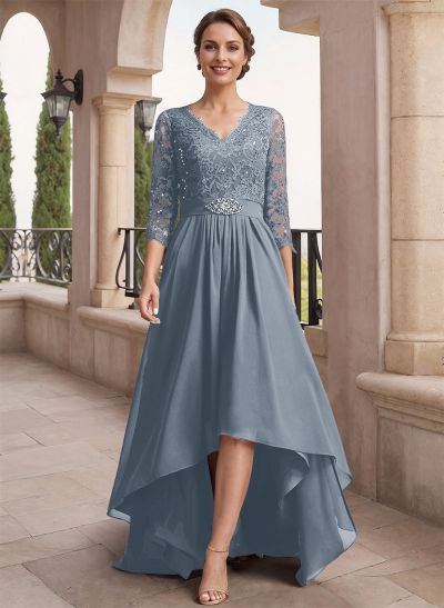 A-Line V-Neck 3/4 Sleeves Asymmetrical Chiffon Mother Of The Bride Dresses With Lace