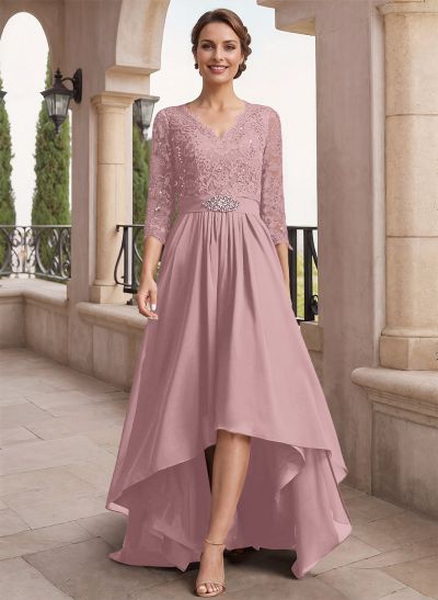 A-Line V-Neck 3/4 Sleeves Asymmetrical Chiffon Mother Of The Bride Dresses With Lace