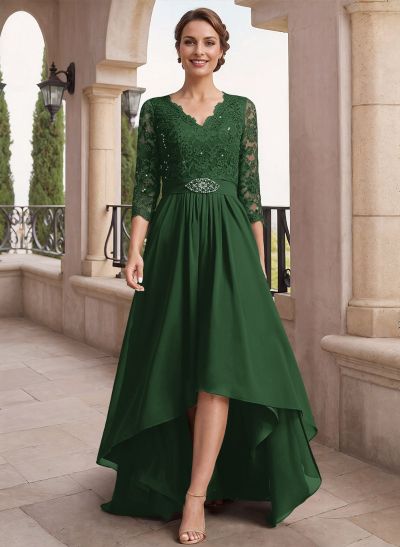 A-Line V-Neck 3/4 Sleeves Asymmetrical Chiffon Mother Of The Bride Dresses With Lace