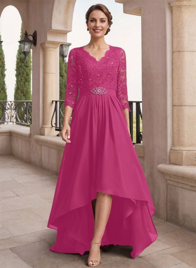 A-Line V-Neck 3/4 Sleeves Asymmetrical Chiffon Mother Of The Bride Dresses With Lace