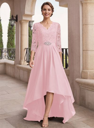 A-Line V-Neck 3/4 Sleeves Asymmetrical Chiffon Mother Of The Bride Dresses With Lace