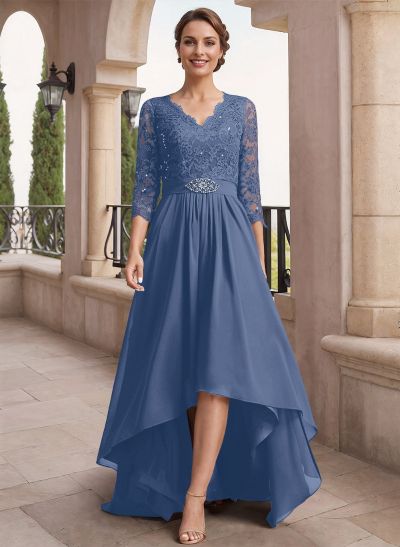 A-Line V-Neck 3/4 Sleeves Asymmetrical Chiffon Mother Of The Bride Dresses With Lace