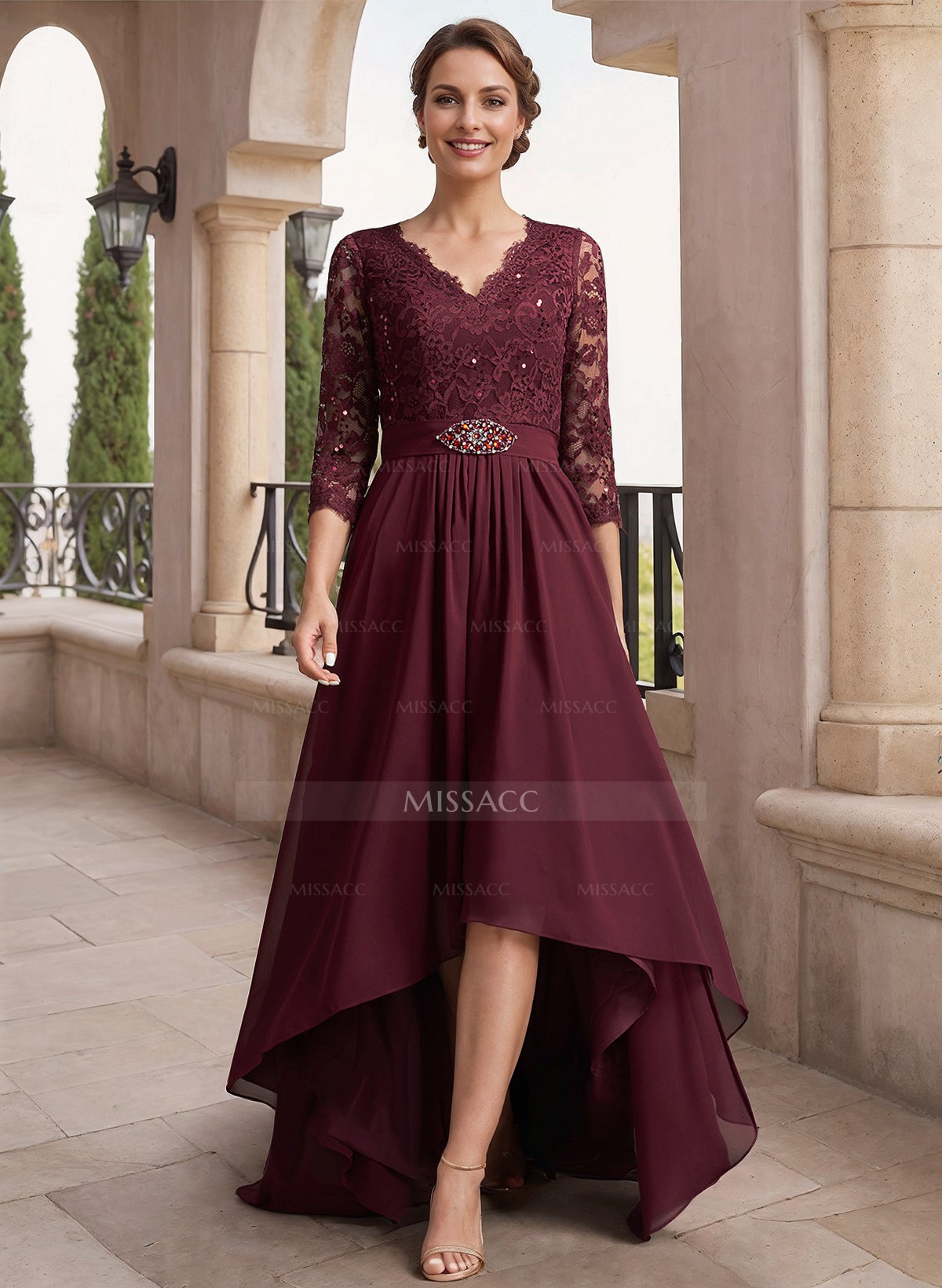 A-Line V-Neck 3/4 Sleeves Asymmetrical Chiffon Mother Of The Bride Dresses With Lace