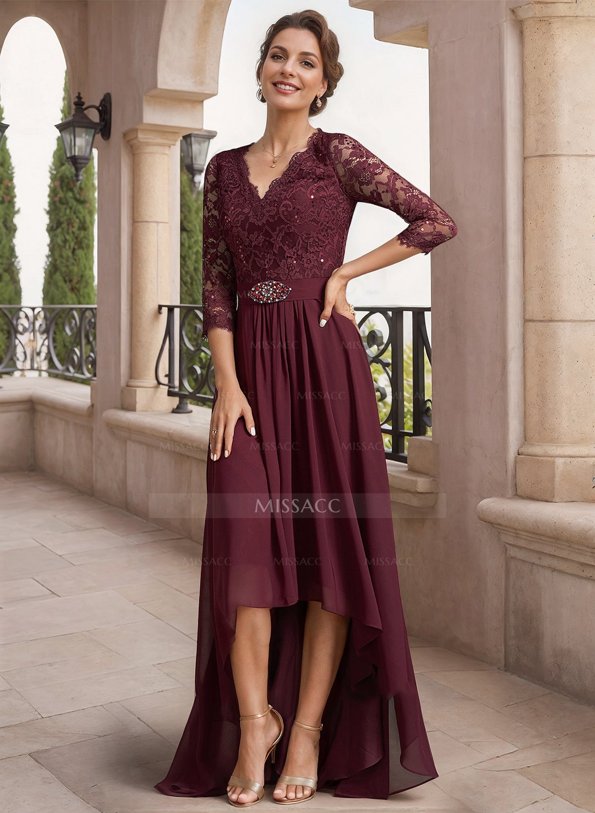 A-Line V-Neck 3/4 Sleeves Asymmetrical Chiffon Mother Of The Bride Dresses With Lace