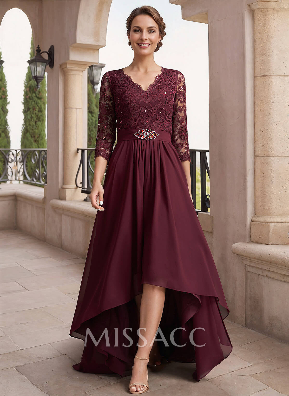 A-Line V-Neck 3/4 Sleeves Asymmetrical Chiffon Mother Of The Bride Dresses With Lace A-Line V-Neck 3/4 Sleeves Asymmetrical Chiffon Mother Of The Bride Dresses With Lace