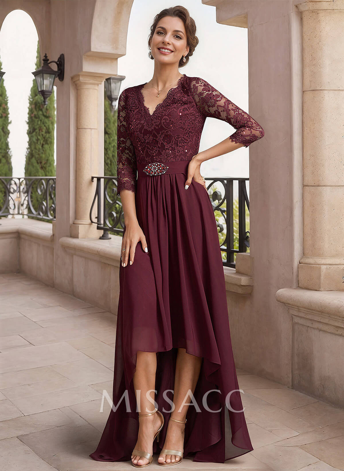 A-Line V-Neck 3/4 Sleeves Asymmetrical Chiffon Mother Of The Bride Dresses With Lace A-Line V-Neck 3/4 Sleeves Asymmetrical Chiffon Mother Of The Bride Dresses With Lace