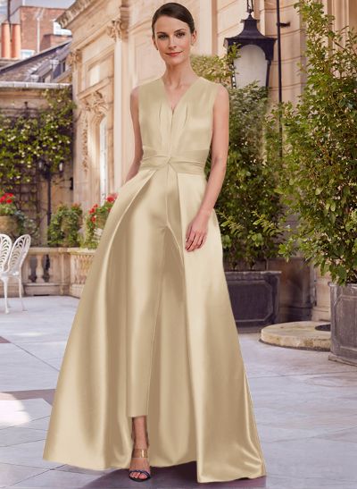 Jumpsuit/Pantsuit V-Neck Sleeveless Floor-Length Satin Mother Of The Bride Dresses