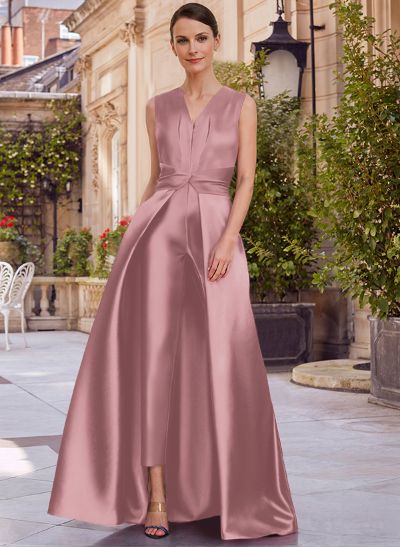 Jumpsuit/Pantsuit V-Neck Sleeveless Floor-Length Satin Mother Of The Bride Dresses