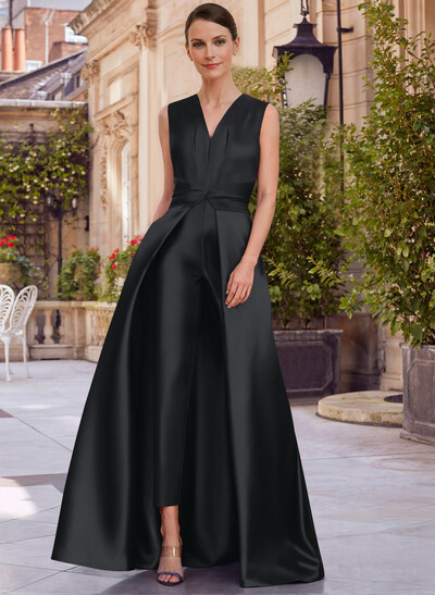 Jumpsuit/Pantsuit V-Neck Sleeveless Floor-Length Satin Mother Of The Bride Dresses