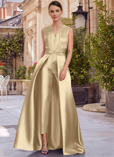 Jumpsuit/Pantsuit V-Neck Sleeveless Floor-Length Satin Mother Of The Bride Dresses