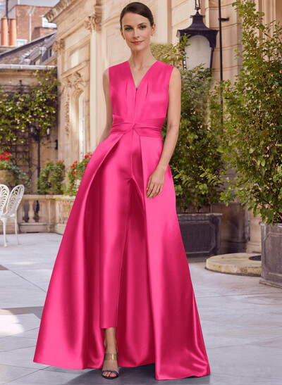 Jumpsuit/Pantsuit V-Neck Sleeveless Floor-Length Satin Mother Of The Bride Dresses