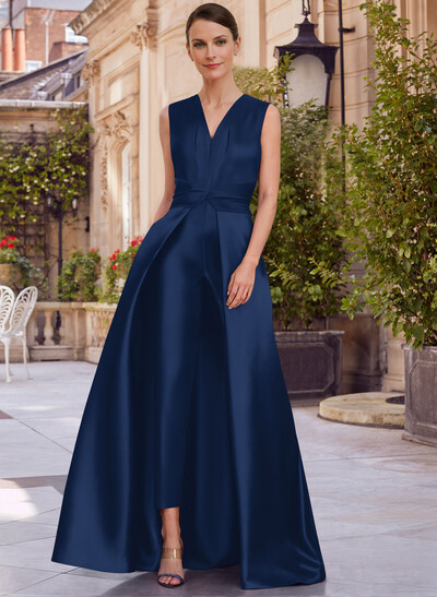Jumpsuit/Pantsuit V-Neck Sleeveless Floor-Length Satin Mother Of The Bride Dresses