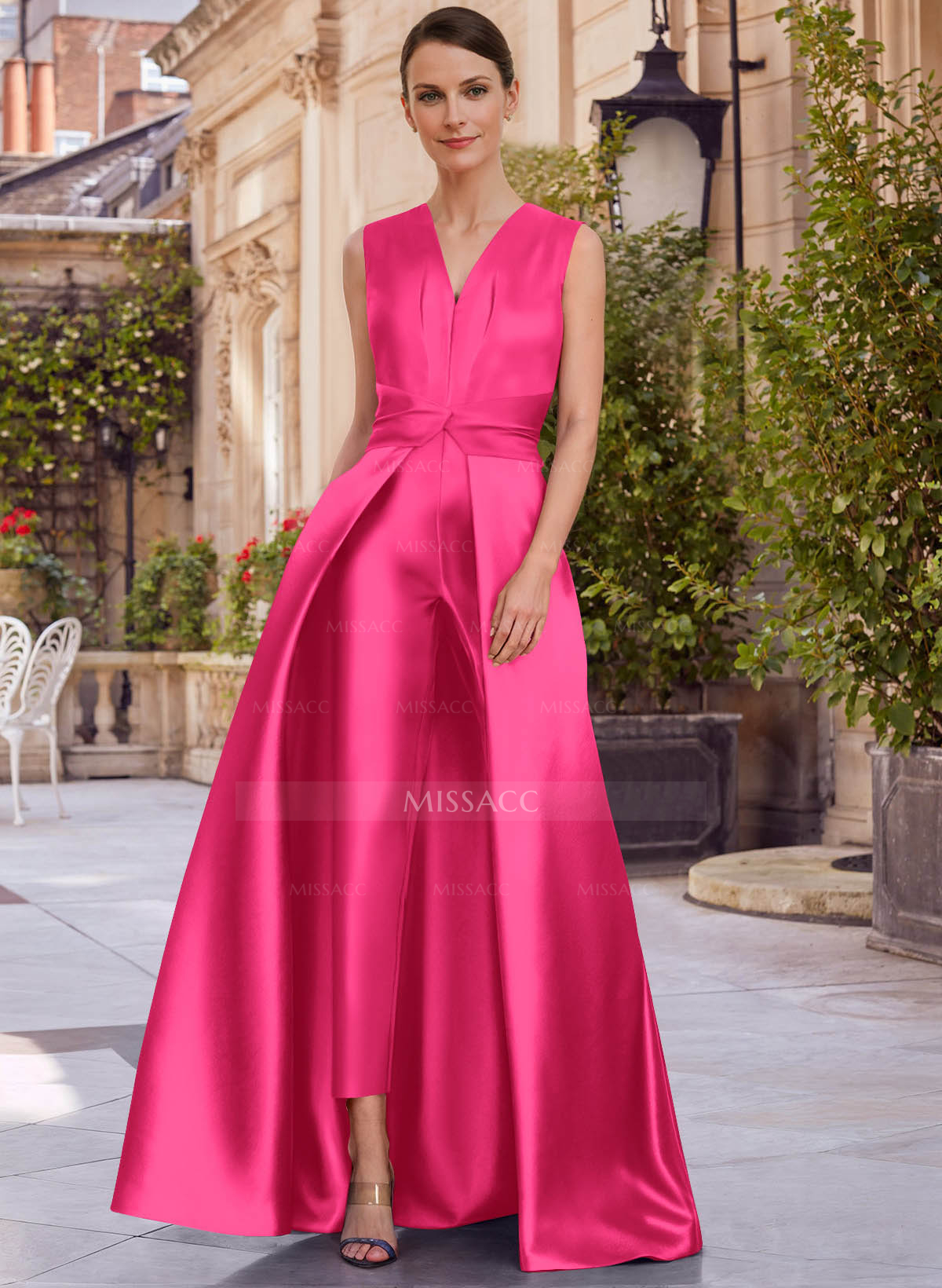 Jumpsuit/Pantsuit V-Neck Sleeveless Floor-Length Satin Mother Of The Bride Dresses
