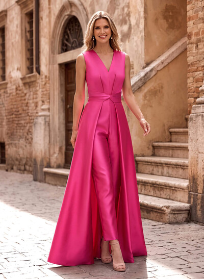 Jumpsuit/Pantsuit V-Neck Sleeveless Floor-Length Satin Mother Of The Bride Dresses